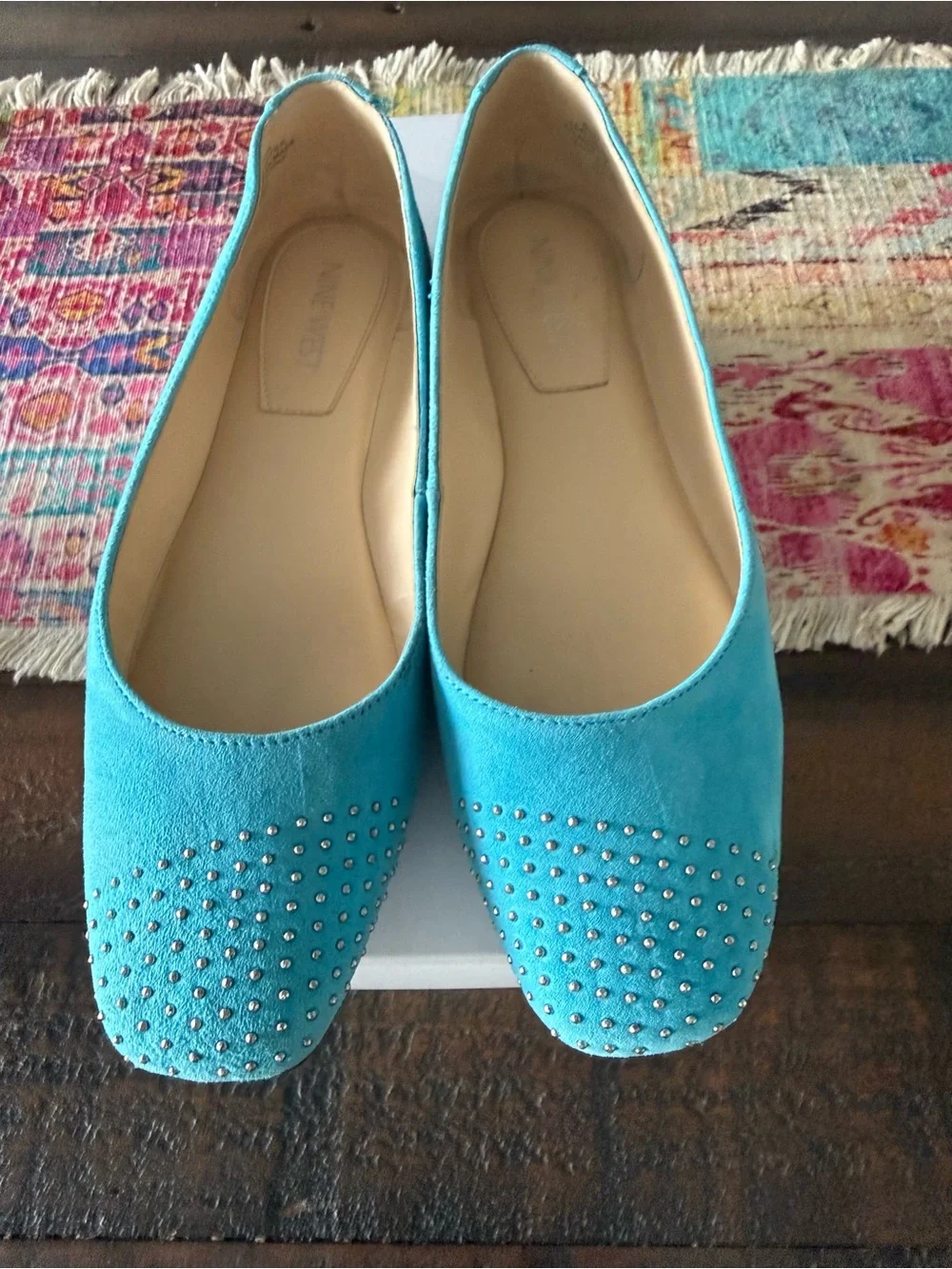 Nine West Women’s Turquoise Studded Suede Ballet Flats - Aloha Medium Blue Sz 6